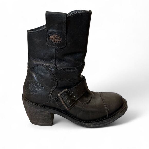 Harley Davidson Boulder 88351 Black‎ Leather Motorcycle Boots Sz 6 Mid Shaft - Picture 1 of 16